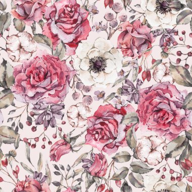 Dekoratif vintage suluboya kırmızı gül, çiçek, anemon çiçeği, pamuk, yaprak ve tomurcukları, doğa seamless modeli pembe bir arka plan üzerinde botanik çiçek şekil