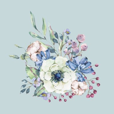 Dekoratif vintage suluboya doğal tebrik kartı anemone, kır çiçekleri, pamuk, yaprak ve tomurcukları, botanik çiçek illüstrasyon izole mavi arka plan üzerinde