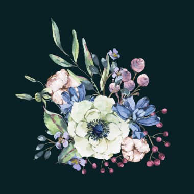 Dekoratif vintage suluboya doğal tebrik kartı anemone, kır çiçekleri, pamuk, yaprak ve tomurcukları, botanik çiçek illüstrasyon izole siyah arka plan üzerine
