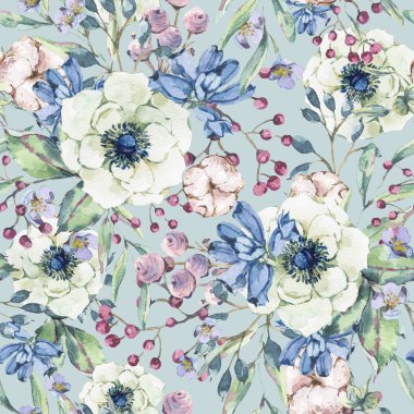 Dekoratif vintage suluboya doğal seamless modeli anemone, kır çiçekleri, pamuk, yaprak ve tomurcukları, botanik çiçek illüstrasyon mavi zemin üzerine