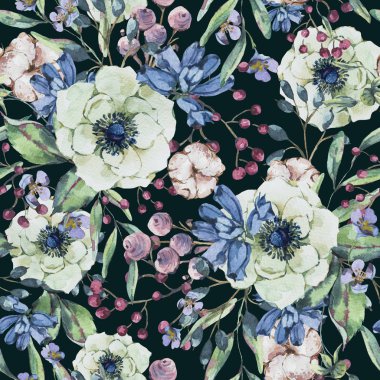 Dekoratif vintage suluboya doğal seamless modeli anemone, kır çiçekleri, pamuk, yaprak ve tomurcukları, siyah arka plan üzerine botanik çiçek şekil
