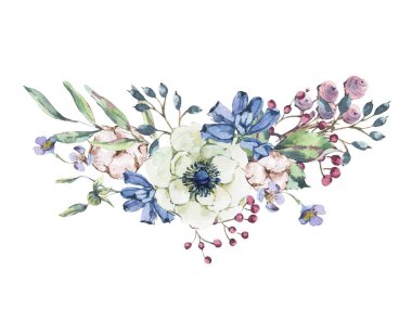 Dekoratif vintage suluboya doğal tebrik kartı anemone, kır çiçekleri, pamuk, yaprak ve tomurcukları, botanik çiçek illüstrasyon izole beyaz arka plan üzerinde