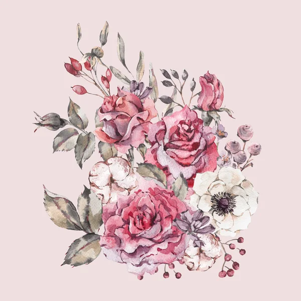 装饰复古水彩画红玫瑰 自然贺卡与花 叶和芽 植物花卉插图隔离在粉红色的背景 — 图库照片