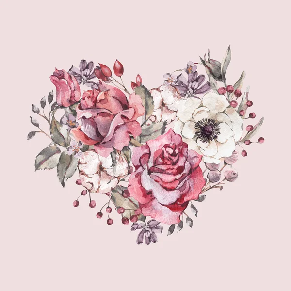 装饰复古水彩画花心红玫瑰 自然贺卡与花 叶和芽 粉红色背景的植物插图 — 图库照片