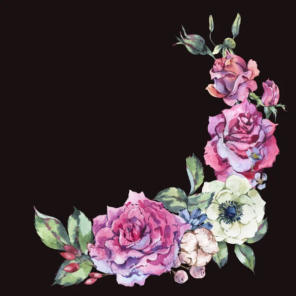 Aquarelle Vintage Décorative Roses Roses Nature Couronne Florale Avec Fleurs — Photo