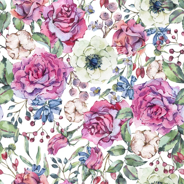 Dekoratív Vintage Akvarell Rózsaszín Rózsa Természet Zökkenőmentes Virágok Anemone Pamut — Stock Fotó