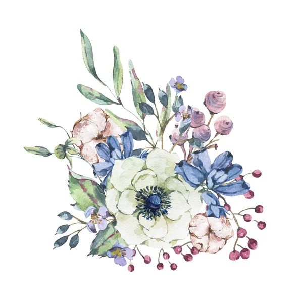 Dekoratif Vintage Suluboya Doğal Tebrik Kartı Anemone Kır Çiçekleri Pamuk — Stok fotoğraf