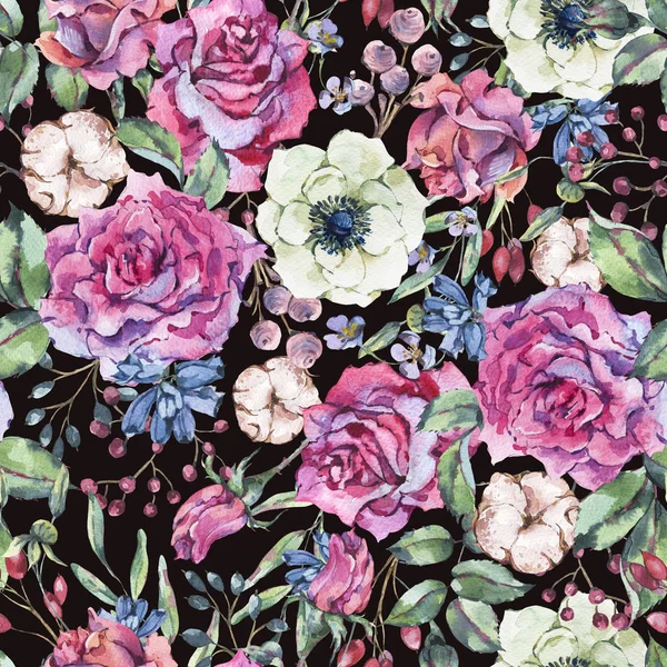 Decorative Vintage Watercolor Pink Roses Nature Seamless Pattern Flowers Anemone — Zdjęcie stockowe