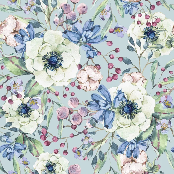 Dekoratif vintage suluboya doğal seamless modeli anemone, kır çiçekleri, pamuk, yaprak ve tomurcukları, botanik çiçek illüstrasyon mavi zemin üzerine