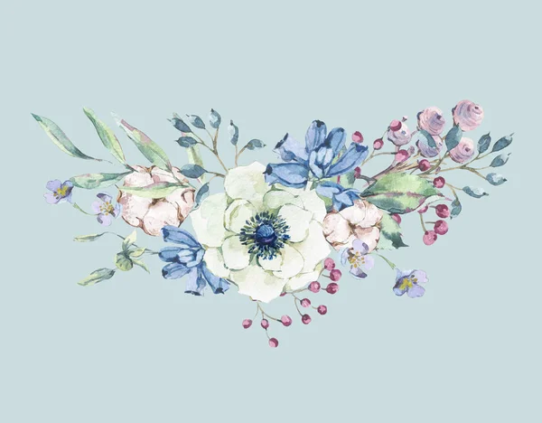 装饰复古水彩画天然贺卡与海葵 叶和芽 植物花卉插图隔离在蓝色背景 — 图库照片