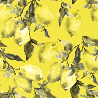 Suluboya sarı seamless modeli ile şube doğal resimde sarı zemin üzerine taze Narenciye meyve limon, yeşil yapraklar ve çiçekler,