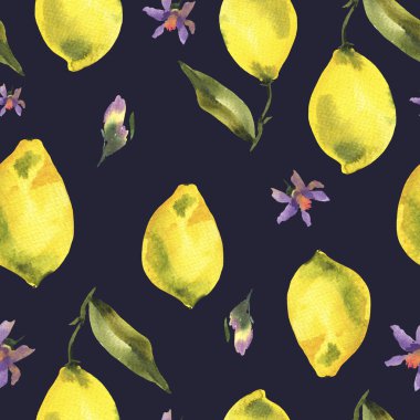 Sulu boya Dikişsiz desen dalı Taze narenciye meyve limon, yeşil yapraklar ve çiçekler, siyah arka plan üzerine doğal illüstrasyon ile