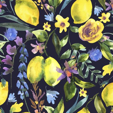Suluboya çiçek seamless modeli, siyah arka plan üzerine doğal illüstrasyon dal taze Narenciye meyve limon, yeşil yapraklar ve çiçekler,