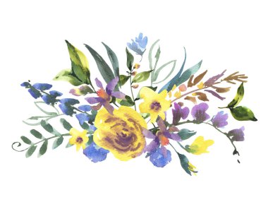 Vintage suluboya çiçek tebrik kartı kır çiçekleri, doğal yaz illüstrasyon, mavi ve sarı çiçekli