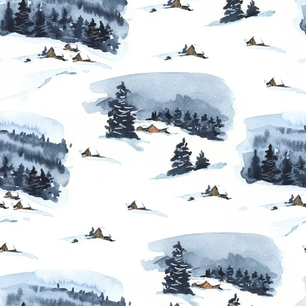 复古圣诞水彩画无缝图案与舒适的森林冬季景观 童话农村冬天水彩例证 — 图库照片