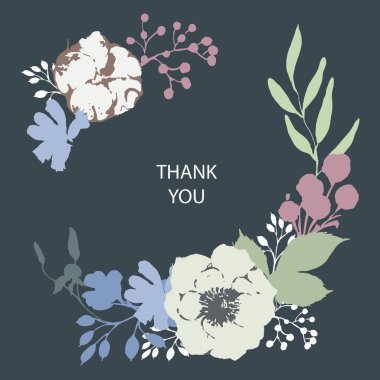 Vektör vintage suluboya doğal tebrik kartı anemone, kır çiçekleri, pamuk, yaprak ve tomurcukları, botanik çiçek şekil