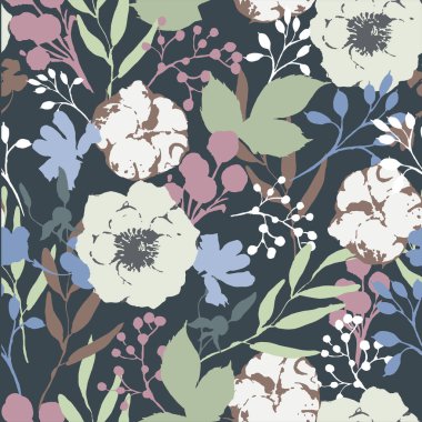 Vektör vintage suluboya doğal seamless modeli anemone, kır çiçekleri, pamuk, yaprak ve tomurcukları, botanik çiçek şekil