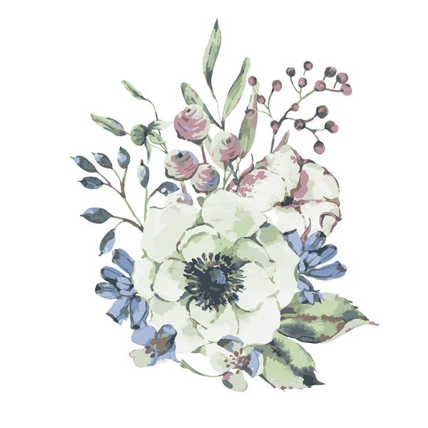 Vektör Vintage Suluboya Doğal Tebrik Kartı Anemone Kır Çiçekleri Pamuk — Stok Vektör