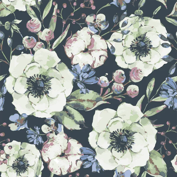 Vecteur Vintage Aquarelle Motif Naturel Sans Couture Avec Anémone Fleurs — Image vectorielle