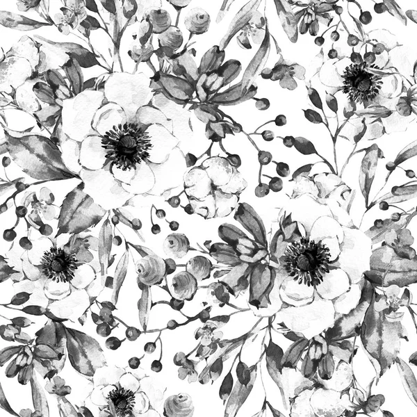 Decorative Monochrome Vintage Watercolor Natural Seamless Pattern Anemone Wildflowers Cotton — Stock Photo, Image