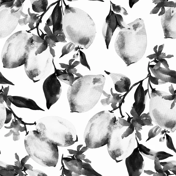 Акварельний Монохромний Безшовний Візерунок Гілкою Свіжого Лимона Цитрусових Зеленим Листям — стокове фото