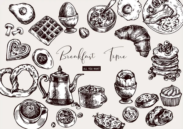 Zwart Wit Vintage Ontbijt Vectorobjecten Voedsel Bovenaanzicht Hand Getekende Illustraties — Stockvector