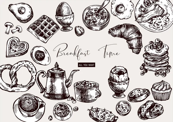 Vecteur Monochrome Vintage Objets Petit Déjeuner Vue Dessus Nourriture Illustrations — Image vectorielle