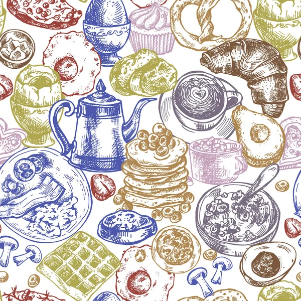 矢量复古无缝模式的早餐对象 食物顶部视图 手绘插图 设计菜单 — 图库矢量图片