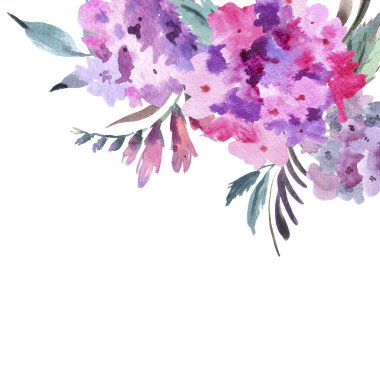 Suluboya çiçek buketi pembe ortanca ile. Davet tebrik kartı. Doğal çiçek illüstrasyon izole beyaz arka plan üzerinde