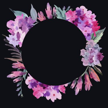 Suluboya çiçekli yuvarlak pembe ortanca çerçeveli. Davet tebrik kartı. Doğal illüstrasyon izole siyah arka plan üzerine