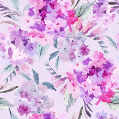 Watercolor floral seamless pattern with pink hydrangea. Natural flowers illustration on pink background