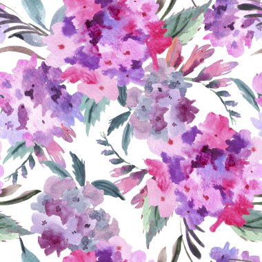 Pembe ortanca ile suluboya çiçek dikişsiz desen. Beyaz arka planda doğal çiçekler illüstrasyon