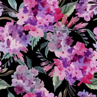 Pembe ortanca ile suluboya çiçek seamless modeli. Siyah arka plan üzerine doğal çiçek şekil