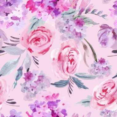 Gül, ortanca, yaprakları ve tomurcukları suluboya çiçek seamless modeli. Davet tebrik kartı. Pembe bir arka plan üzerinde doğal çiçek şekil