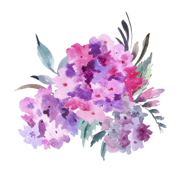 Aquarell Blumenstrauß Mit Rosa Hortensien Einladungskarte Natürliche Florale Illustration Isoliert — Stockfoto
