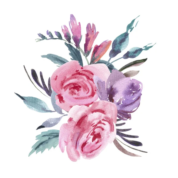Suluboya çiçek buketi pembe gül, yaprakları ve tomurcukları ile. Davet tebrik kartı. Doğal çiçek illüstrasyon izole beyaz arka plan üzerinde