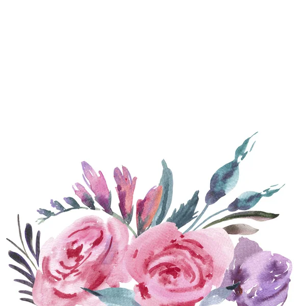 Watercolor Floral Bouquet Pink Roses Leaves Buds Invitation Greeting Card — Stock fotografie