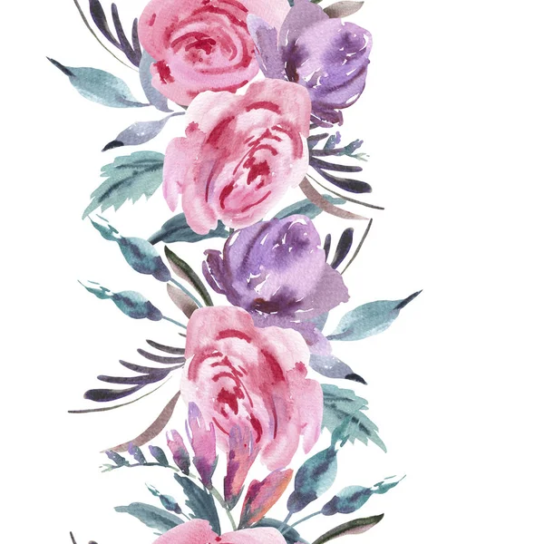 Цветочные Акварели Бесшовные Границы Розовыми Розами Листьями Бутонами Вертикальная Текстура — стоковое фото