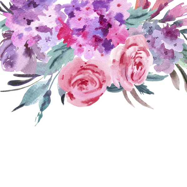 Watercolor floral bouquet with pink roses, hydrangea, leaves and buds. Invitation greeting card. Natural floral illustration isolated on white background