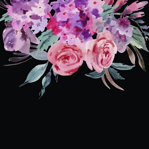 Watercolor floral bouquet with pink roses, hydrangea, leaves and buds. Invitation greeting card. Natural floral illustration isolated on black background