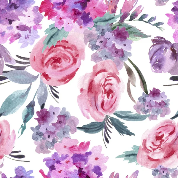 水彩花卉无缝图案与粉红色的玫瑰 绣球花 叶和芽 邀请贺卡 自然花卉例证在白色背景 — 图库照片