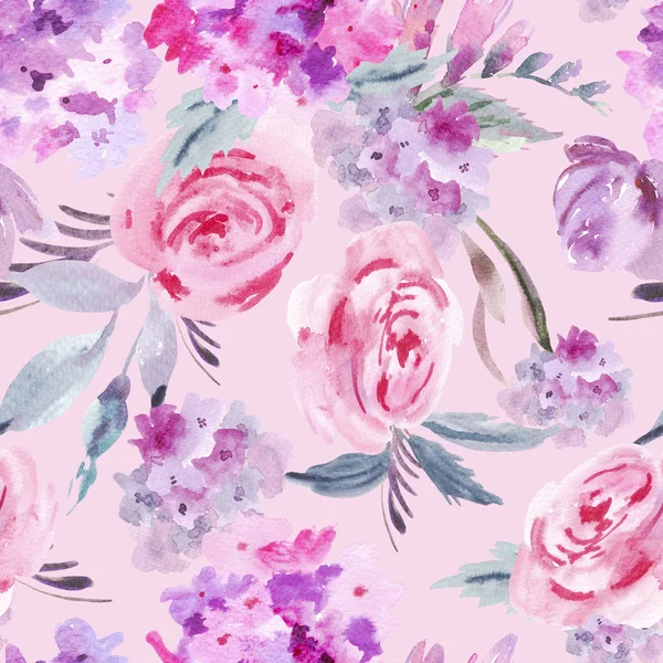 Gül, ortanca, yaprakları ve tomurcukları suluboya çiçek seamless modeli. Davet tebrik kartı. Pembe bir arka plan üzerinde doğal çiçek şekil