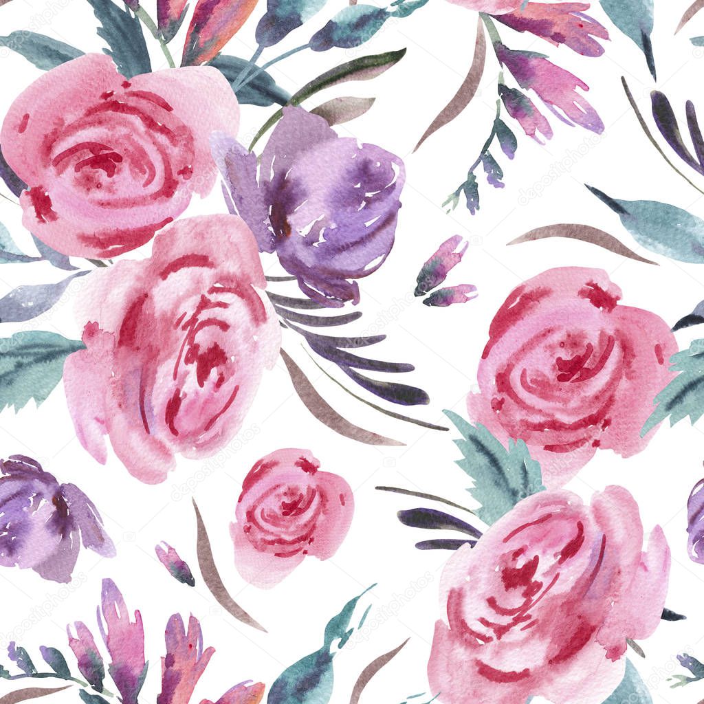 Watercolor floral seamless pattern with pink roses, leaves and buds. Natural flowers texture on white background