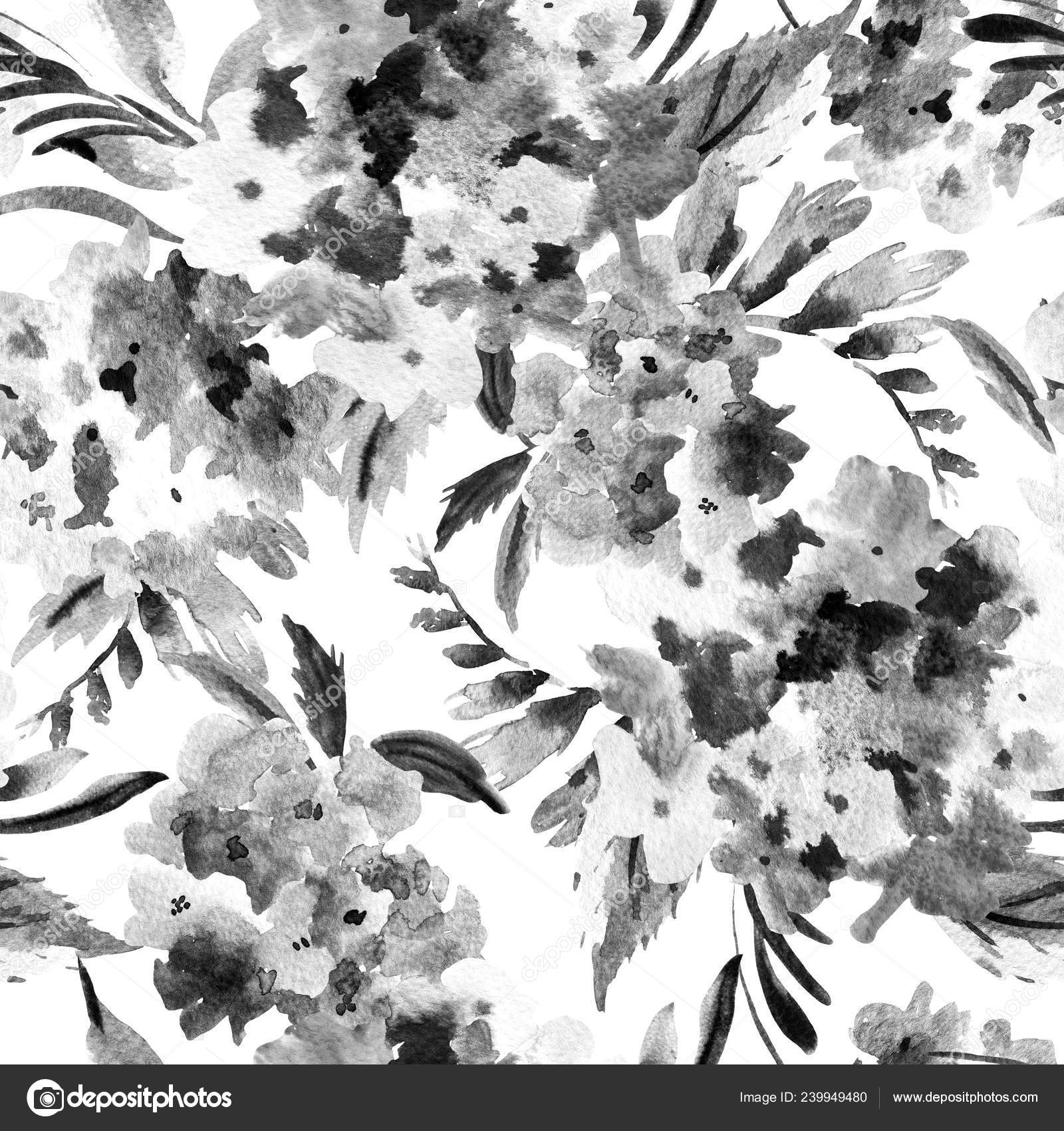 Watercolor Floral Black White Seamless Pattern Hydrangea Natural