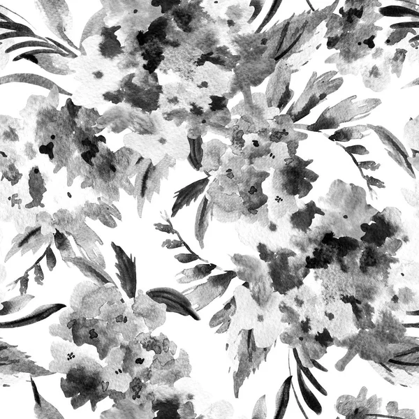 Suluboya Çiçek Siyah Beyaz Seamless Modeli Ile Ortanca Beyaz Arka — Stok fotoğraf