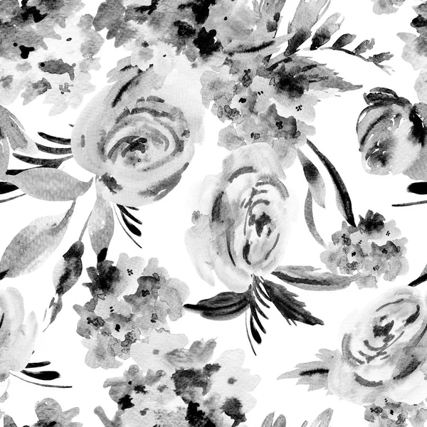 Черно Белый Бесшовный Рисунок Акварели Розами Гортензиями Листьями Бутонами Монохромная — стоковое фото