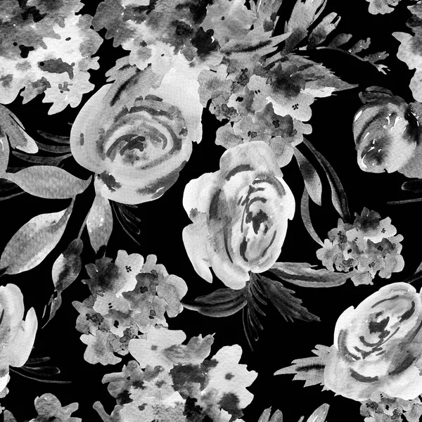 Watercolor Floral Black White Seamless Pattern Monochrome Roses Hydrangea Leaves — Stock Photo, Image