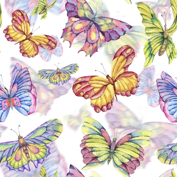 Akvarell Sömlösa Mönster Vintage Färgglada Fjärilar Naturen Textur Vit Bakgrund — Stockfoto