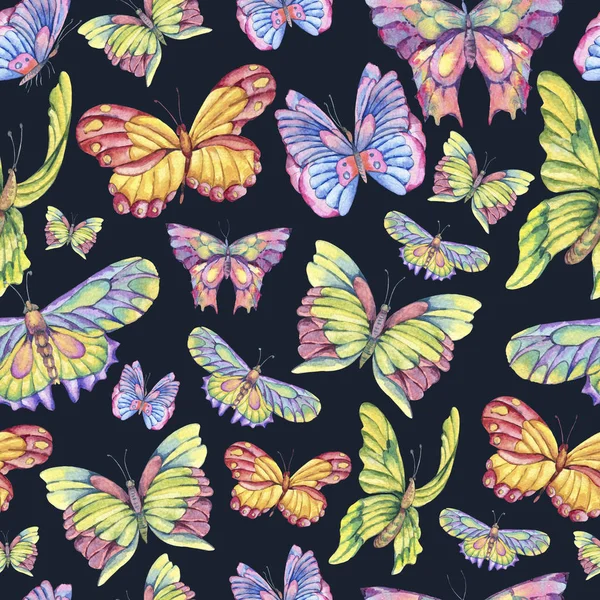 Akvarell Sömlösa Mönster Vintage Färgglada Fjärilar Naturen Textur Svart Bakgrund — Stockfoto