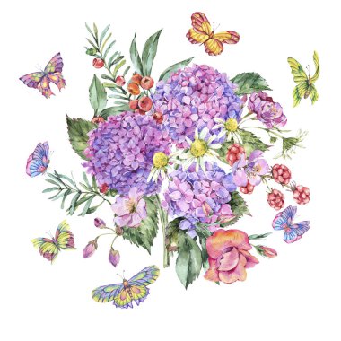 Suluboya yaz buket pembe Hydrangea, papatya, meyveler, çiçekler, Blackberry ve kelebekler. Tebrik kartı doğal çiçek illüstrasyon izole beyaz arka plan üzerinde davet